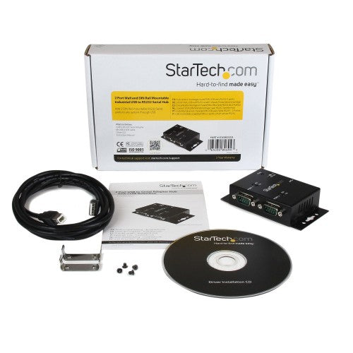 StarTech.com 2 Port Industrial Wall Mountable USB to Serial Adapter Hub with DIN Rail Clips