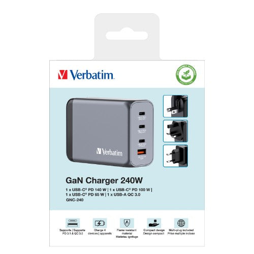 Verbatim GNC-240 GaN Charger 240W with 1 x USB-C 140W /1 x USB-C 100W / 1 x USB-C 65W / 1 x USB-A QC 3.0 (EU/UK/US)