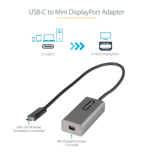 StarTech.com USB C to Mini DisplayPort Adapter - 4K 60Hz USB-C to mDP Adapter Dongle - USB Type-C to Mini DP Monitor - Video Converter - Works w/Thunderbolt 3-12" Long Attached Cable - Upgraded Version of CDP2MDP