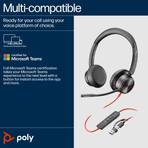 Poly Blackwire 8225 Stereo Microsoft Teams Certified USB-C Headset +USB-C/A Adapter