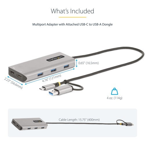 StarTech.com USB-C Multiport Adapter w/Attached USB-C to USB-A Dongle, Dual HDMI (4K30Hz/1080p60Hz), 3x USB-A 5Gbps, Mini Travel Dock, Laptop Docking Station, 1.3ft/40cm Cable