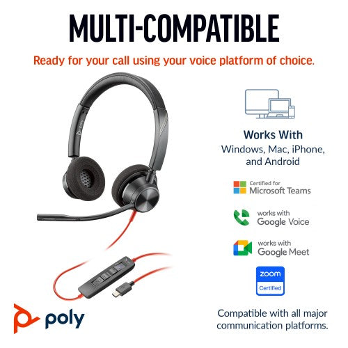 Poly Blackwire 3320 Stereo Microsoft Teams Certified USB-C Headset +USB-C/A Adapter