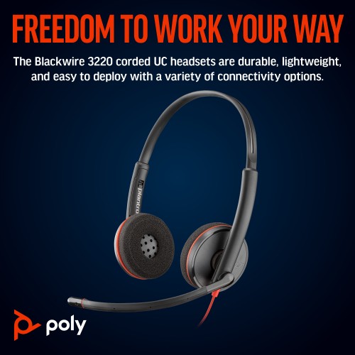 Poly Blackwire 3220 Stereo USB-C Headset +USB-C/A Adapter