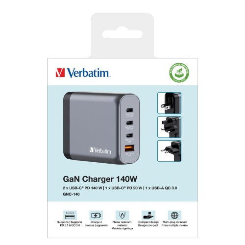 Verbatim GNC-140 GaN Charger 140W with 2 x USB-C PD 140W / 1 x USB-C PD 20W / 1 x USB-A QC 3.0 (EU/UK/US)