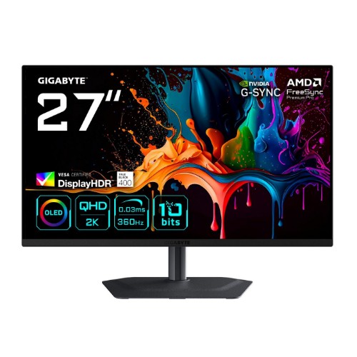 GIGABYTE MO27Q3 27” OLED QHD Gaming Monitor - 2560 x 1440, 360Hz, 0.03ms, 250 cd/m², G-Sync Compatible, FreeSync Premium Pro, Display HDR True Black 400, HDMI 2.1, Displayport 1.4