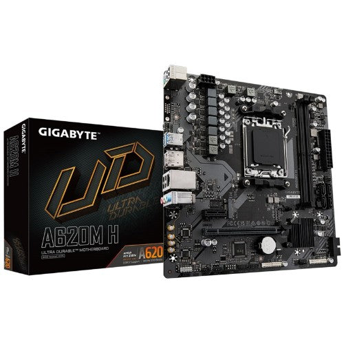 GIGABYTE A620M H Motherboard - Supports AMD Ryzen 8000 CPUs, 5+2+2 Phases Digital VRM, up to 7200MHz DDR5 (OC), 1xPCIe 4.0 M.2, GbE LAN, USB 3.2 Gen 1