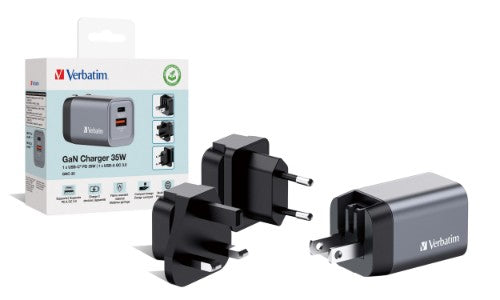 Verbatim GNC-35 GaN Charger 35W with 1 x USB-C PD 35W / 1 x USB-A QC 3.0 (EU/UK/US)