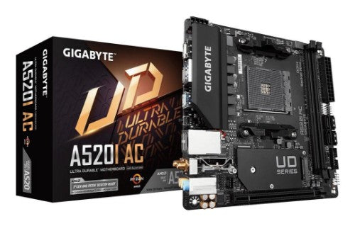 GIGABYTE A520I AC Motherboard - Supports AMD Ryzen 5000 Series AM4 CPUs, 6 Phases Digital VRM, up to 5300MHz DDR4 (OC), 1xPCIe 3.0 M.2, WIFI, GbE LAN, USB 3.2 Gen1