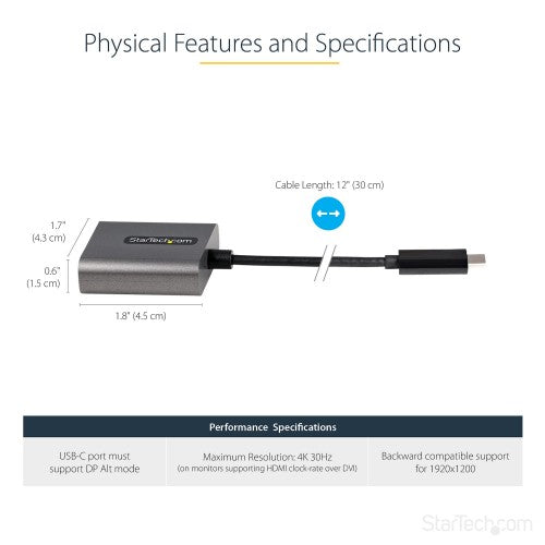 StarTech.com USB C to DVI Adapter - 1920x1200p USB-C to DVI-D Adapter Dongle - USB Type C to DVI Display/Monitor - Video Converter - Thunderbolt 3 Compatible - 12" Long Attached Cable - Upgraded Version of CDP2DVI