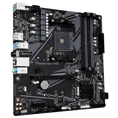 GIGABYTE A520M DS3H WIFI6E Motherboard - Supports AMD Ryzen 5000 Series AM4 CPUs, up to 4733MHz DDR4 (OC), 1xPCIe 3.0 M.2, WIFI 6E, GbE LAN, USB 3.2 Gen 1