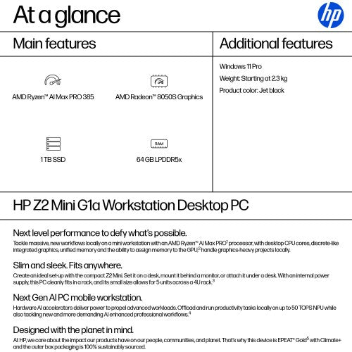 HP Z2 Mini G1a Copilot+ PC AMD Ryzen AI Max PRO PRO 385 64 GB LPDDR5x-SDRAM 1 TB SSD Windows 11 Pro Mini PC Workstation AI Workstation, AI PC Black