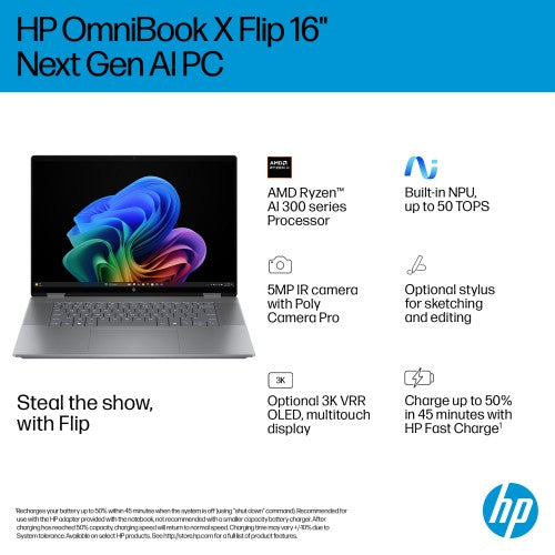 HP OmniBook X FlipNGAI OmniBook X Flip 2-in-1 Laptop Next Gen AI 16-ar0009na Copilot+ PC AMD Ryzen AI 5 340 40.6 cm (16") Touchscreen 2K 16 GB LPDDR5x-SDRAM Wi-Fi 7 (802.11be) Windows 11 Home Silver