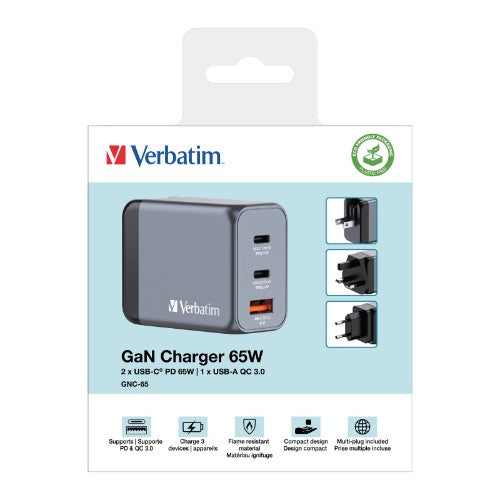 Verbatim GNC-65 GaN Charger 65W with 2 x USB-C PD 65W / 1 x USB-A QC 3.0 (EU/UK/US)