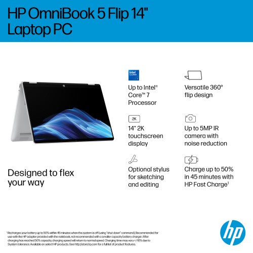 HP OmniBook 5 Flip 2-in-1 Laptop 14-fp0001nax Intel® Core™ i5 i5-1334U 35.6 cm (14") Touchscreen 2K 16 GB LPDDR5-SDRAM 512 GB SSD Wi-Fi 6 (802.11ax) Windows 11 Home Silver