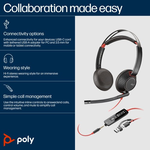 HP Poly Blackwire 5220 Stereo USB-C Headset +3.5mm Plug +USB-C/A Adapter