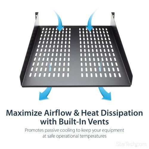 StarTech.com 2U Server Rack Shelf - Universal Vented Rack Mount Cantilever Tray for 19" Network Equipment Rack & Cabinet - Heavy Duty Steel – Weight Capacity 50lb/23kg - 22" Deep Shelf, Black