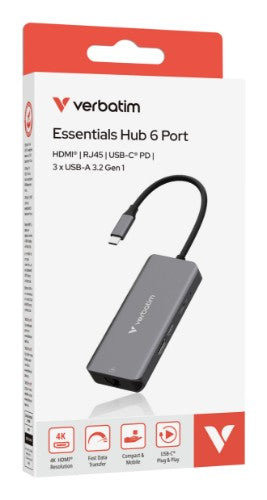 Verbatim USB-C Essentials Multiport Hub 6 ports: RJ45, HDMI, USB-C PD, 3 x USB-A 3.2 Gen 1