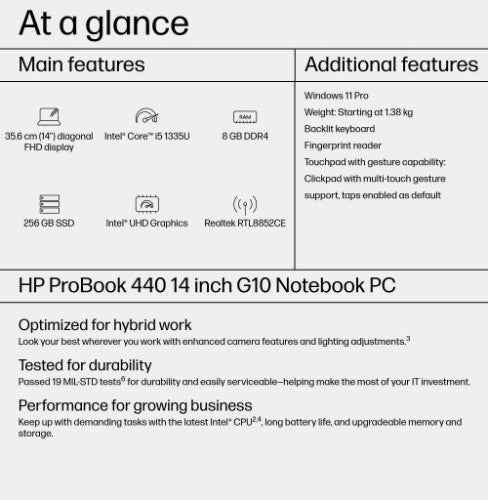 HP ProBook 440 G10 Intel® Core™ i5 i5-1335U Laptop 35.6 cm (14") Full HD 8 GB DDR4-SDRAM 256 GB SSD Wi-Fi 6E (802.11ax) Windows 11 Pro Silver