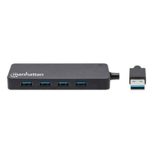 Manhattan USB-A 4-Port Hub, 4x USB-A Ports, 5 Gbps (USB 3.2 Gen1 aka USB 3.0), Bus Power, SuperSpeed USB, Black, Three Year Warranty, Equivalent to ST4300PBU3 & ST4300MINU3B
