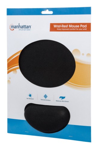 Manhattan Wrist Gel Support Pad and Mouse Mat, Black, 241 × 203 × 40 mm, non slip base, Lifetime Warranty, Card Retail Packaging