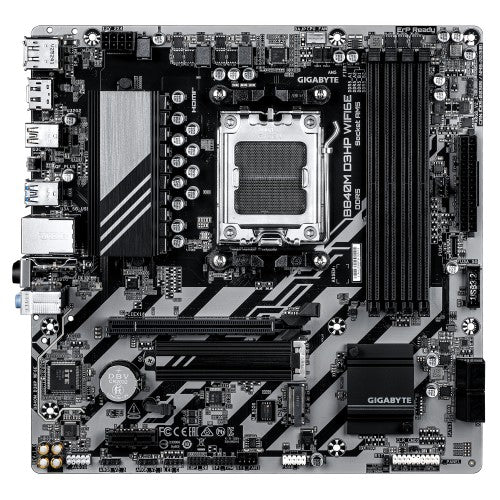 GIGABYTE B840M D3HP WIFI6E Motherboard - AMD Ryzen 9000 CPUs, 8+2+2 Phases VRM, up to 8200MHz DDR5(O.C), 2xPCIe 4.0 M.2, Wi-Fi 6E, 1GbE LAN, USB 3.2 Gen 2