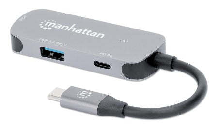 Manhattan USB-C Dock/Hub, Ports (x3): HDMI, USB-A and USB-C, With Power Delivery (100W) to USB-C Port (Note add USB-C wall charger and USB-C cable needed), Universal for all devices, All Ports can be used at the same time, Aluminium, Space Grey, 3 Year Wa