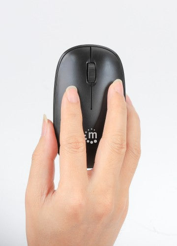Manhattan MW3050 Wireless Optical Mouse, Black, 1200dpi, 2.4Ghz (up to 10m), USB, Ambidextrous, Three Button with Scroll Wheel, USB-A nano receiver, AA battery (included), Low friction base, USB version (most popular type, which is USB-A), Three Year Warr