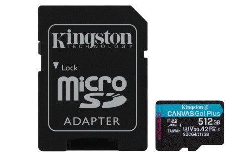 Kingston Technology 512GB microSDXC Canvas Go Plus Gen4 200MB/s A2 U3 V30 Card + Adapter