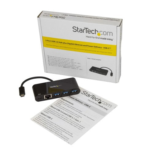 StarTech.com 3 Port USB-C Hub with Gigabit Ethernet & 60W Power Delivery Passthrough Laptop Charging - USB-C to 3x USB-A (USB 3.0 SuperSpeed 5Gbps) - USB 3.1/3.2 Gen 1 Type-C Adapter Hub~3 Port USB-C Hub with Gigabit Ethernet & 60W Power Delivery Passthro