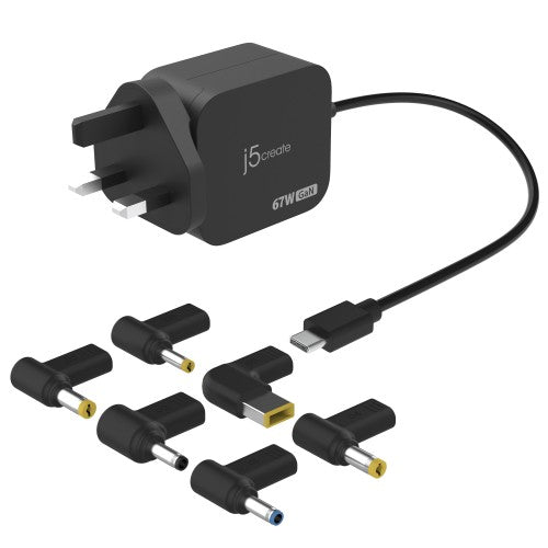 j5create JUP1565DC 67W GaN PD USB-C® Mini Charger with 6 Types of DC Connector-UK, Black