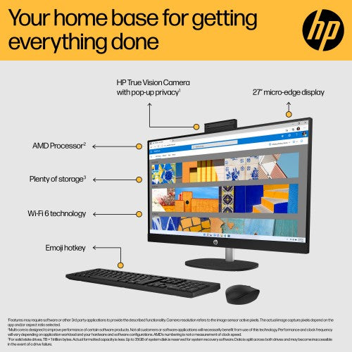 HP All-in-One 27-cr0000na AMD Ryzen™ 7 7730U 68.6 cm (27") 1920 x 1080 pixels All-in-One PC 16 GB DDR4-SDRAM 512 GB SSD Windows 11 Home Wi-Fi 6 (802.11ax) White