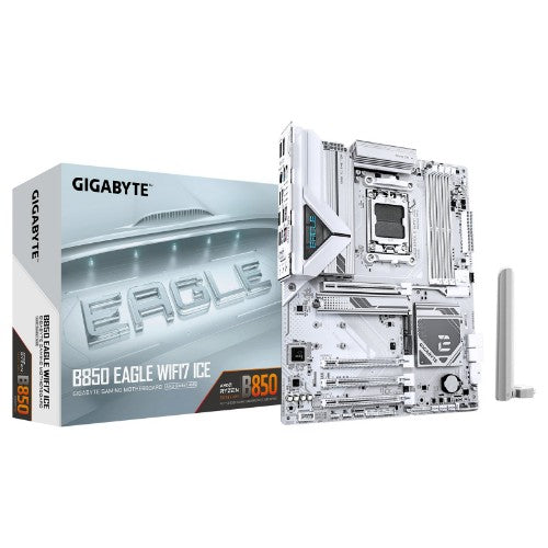 GIGABYTE B850 EAGLE WIFI7 ICE Motherboard - AMD Ryzen 9000 Series CPUs, 8+2+2 Phases Digital VRM, up to 8200MHz DDR5 (OC), 1xPCIe 5.0 + 2xPCIe 4.0 M.2, WIFI 7, 2.5 GbE LAN, USB 3.2 Gen 2