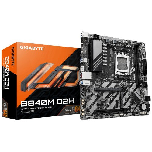 GIGABYTE B840M D2H Motherboard - AMD Ryzen 9000 CPUs, 5+2+2 Phases VRM, up to 7600MHz DDR5, 1xPCIe 4.0 + 1xPCIe 3.0 M.2, 2.5GbE LAN, USB 3.2 Gen 1