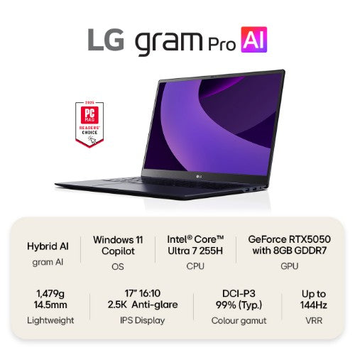 LG Gram Pro 17Z90TR-E 17" Hybrid AI Laptop - Intel® Core™ Ultra 7 255H, NVIDIA GeForce RTX5050 GPU, 1TB SSD, 32 GB RAM - Black - [2025]