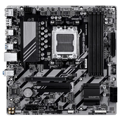 GIGABYTE B840M D3HP Motherboard - AMD Ryzen 9000 CPUs, 8+2+2 Phases VRM, up to 8200MHz DDR5(O.C), 2xPCIe 4.0 M.2, 1GbE LAN, USB 3.2 Gen 2