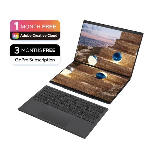 ASUS Zenbook Duo UX8407AA-SN586W Intel Core Ultra X9 378H Hybrid (2-in-1) 35.6 cm (14") Touchscreen 3K 32 GB LPDDR5x-SDRAM 1 TB SSD Wi-Fi 7 (802.11be) Windows 11 Home Grey
