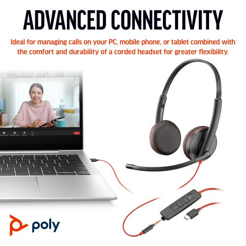 Poly Blackwire 3225 Stereo USB-C Headset +3.5mm Plug +USB-C/A Adapter (Bulk)
