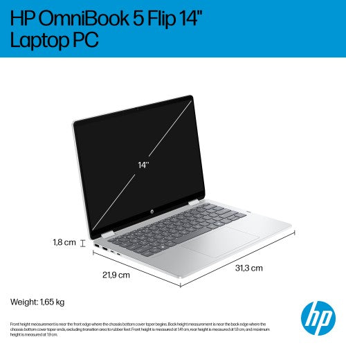 HP OmniBook 5 Flip 2-in-1 Laptop 14-fp0001nax Intel® Core™ i5 i5-1334U 35.6 cm (14") Touchscreen 2K 16 GB LPDDR5-SDRAM 512 GB SSD Wi-Fi 6 (802.11ax) Windows 11 Home Silver