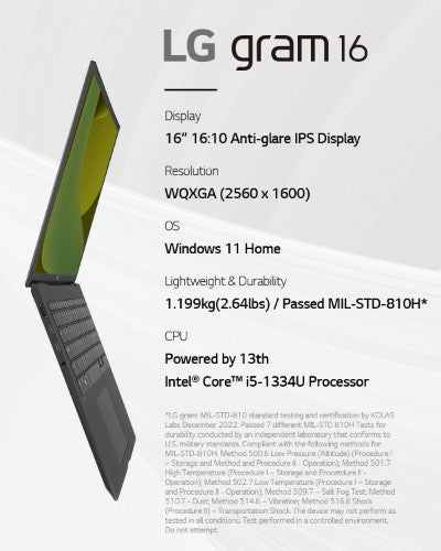 LG Gram 16Z90RU-G.AA55A1 laptop Intel® Core™ i5 i5-1334U 40.6 cm (16") 2.5K 16 GB LPDDR4x-SDRAM 512 GB SSD Wi-Fi 6E (802.11ax) Windows 11 Home Black