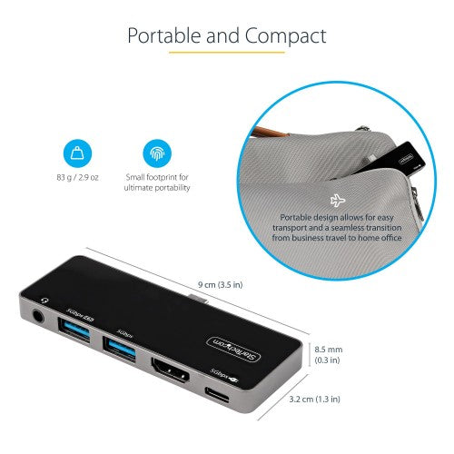 StarTech.com USB C Multiport Adapter - USB-C to 4K 60Hz HDMI 2.0, 100W Power Delivery Pass-Through Charging, 3-Port USB 3.0 Hub, Audio - USB-C Mini Dock - Portable USB Type-C Travel Dock