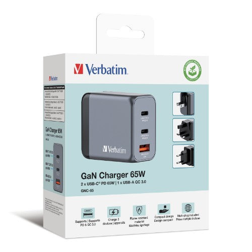 Verbatim GNC-65 GaN Charger 65W with 2 x USB-C PD 65W / 1 x USB-A QC 3.0 (EU/UK/US)
