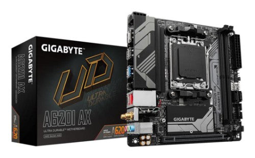 GIGABYTE A620I AX Motherboard - Supports AMD Ryzen 8000 CPUs, 5+2+1 Phases Digital VRM, up to 6400MHz DDR5 (OC), 1xPCIe 4.0 M.2, Wi-Fi 6E, 2.5GbE LAN, USB 3.2 Gen 2