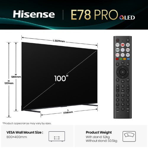 Hisense 100" E78QTUK PRO 144Hz QLED Smart AI TV with Freely