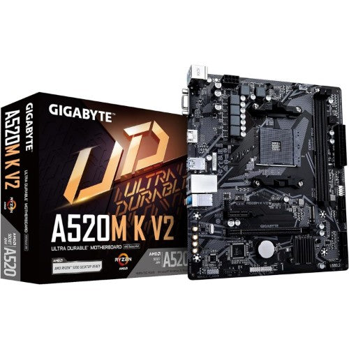 GIGABYTE A520M K V2 Motherboard - Supports AMD Ryzen 5000 Series AM4 CPUs, up to 5100MHz DDR4 (OC), PCIe Gen3 x4 M.2, GbE LAN, USB 3.2 Gen 1