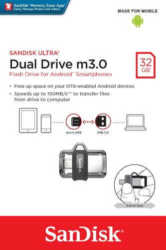 SanDisk Ultra Dual m3.0 USB flash drive 32 GB USB Type-A / Micro-USB 3.2 Gen 1 (3.1 Gen 1) Black, Silver, Transparent