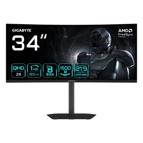 GIGABYTE GS34WQCA 34" WQHD Curved Gaming Monitor - 3440 x 1440, 1500R, 120Hz, 1ms, 300 cd/m², FreeSync Premium, HDR Ready, HDMI 2.0, Displayport 1.4
