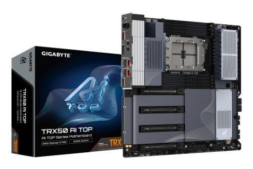 GIGABYTE TRX50 AI TOP-2B Motherboard - AMD Ryzen Threadripper PRO 7000 CPUs, 16+8+4 Phases Digital VRM, up to 5200 MHz DDR5, 4xPCIe 5.0 M.2, Wi-Fi 7, 10 GbE LAN, USB 4