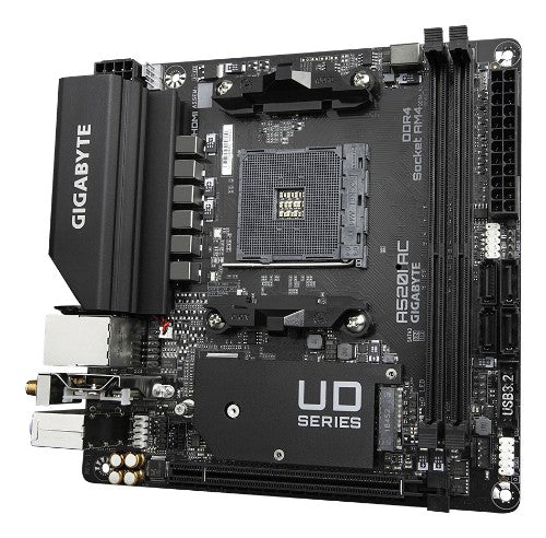 GIGABYTE A520I AC Motherboard - Supports AMD Ryzen 5000 Series AM4 CPUs, 6 Phases Digital VRM, up to 5300MHz DDR4 (OC), 1xPCIe 3.0 M.2, WIFI, GbE LAN, USB 3.2 Gen1