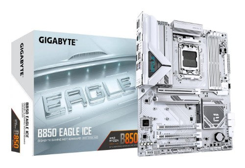 GIGABYTE B850 EAGLE ICE Motherboard - AMD Ryzen 9000 Series CPUs, 8+2+2 Phases Digital VRM, up to 8200MHz DDR5 (O.C), 1xPCIe 5.0 + 2xPCIe 4.0 M.2, 2.5 GbE LAN, USB 3.2 Gen 2