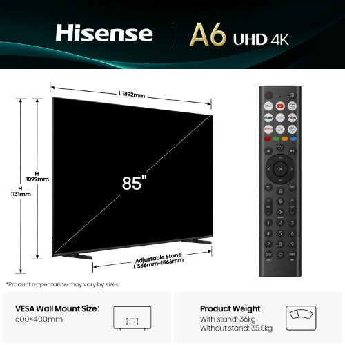 Hisense 85" A6QTUK 4K Ultra HD Smart TV with Freely